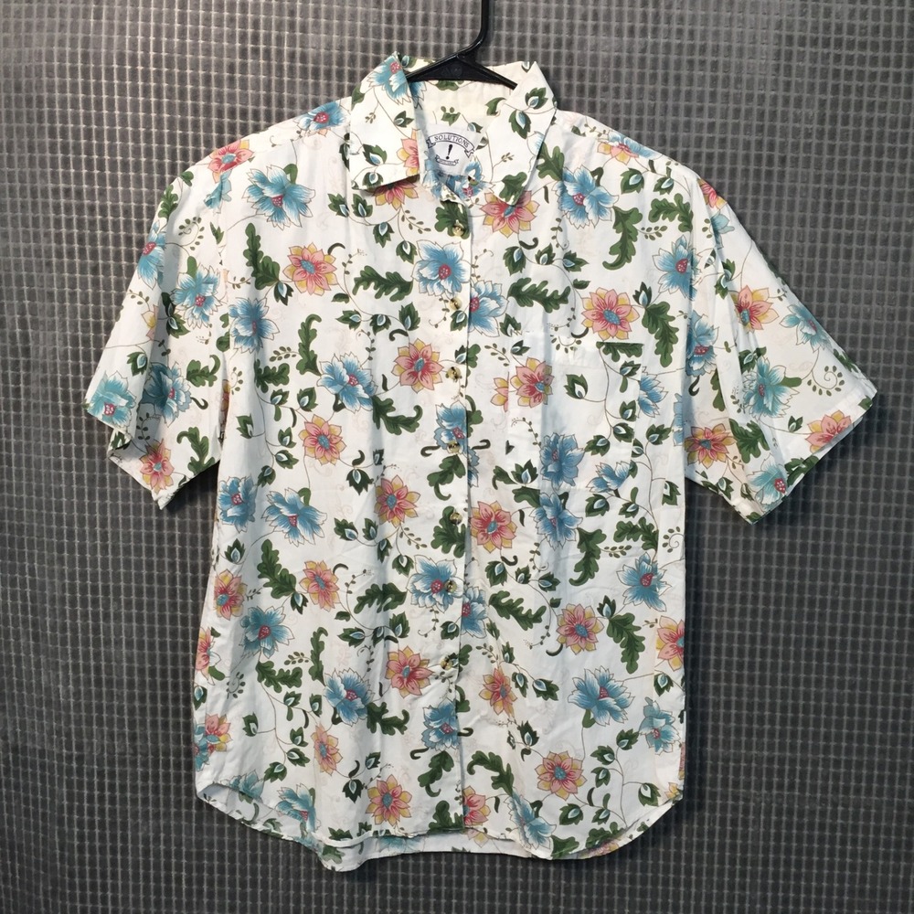 Vintage Solutions Original Floral Button Down Shirt Short Sleeve White Blue Pink